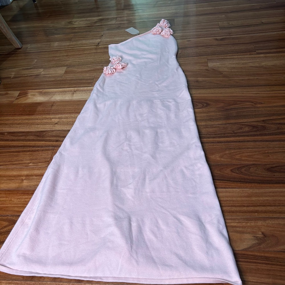 MESHKI Paloma One Shoulder Knit Maxi Dress Baby Pink 3D Flower Rosette XL NEW